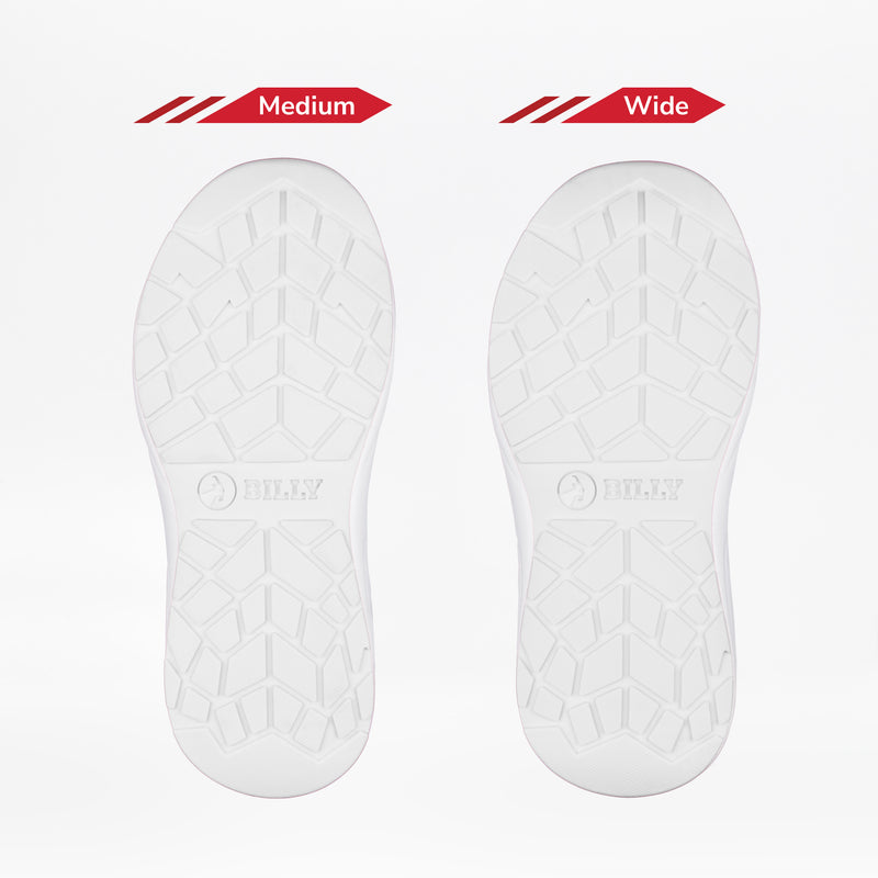 Two Women's White BILLY Sport Inclusion soles from BILLY Footwear are side by side on a white background. “Medium” is on the left, “Wide” on the right; both have cushioned insoles, similar tread patterns, and “BILLY” near the heel.