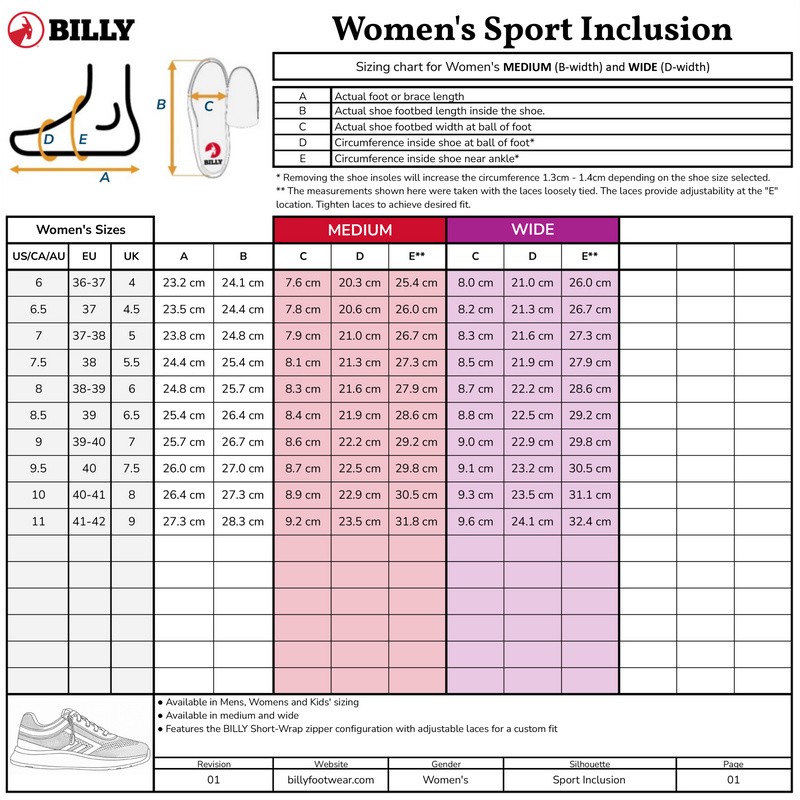 The sizing chart for FINAL SALE - Women's Pink/Exotic BILLY Sport Inclusion by BILLY Footwear lists foot measurements, US/EU/UK sizes, and insole dimensions for medium and wide fits, plus a diagram showing measurement points on the pink sneakers.