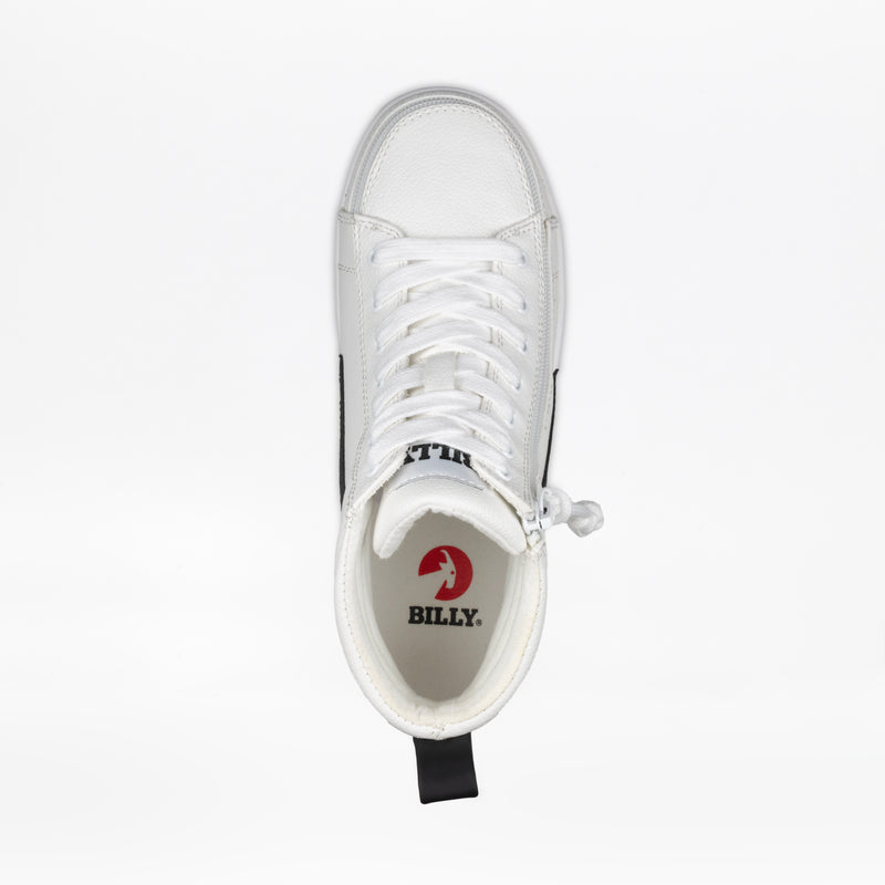 Top view of the Women's White/Black BILLY CS High by BILLY Footwear, a wide-width high top sneaker with white laces, black heel pull tab, and a red circular BILLY logo on the insole, shown on a white background.