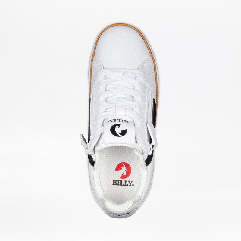 Top view of the Women's White/Black BILLY CS Low by BILLY Footwear, a sensory-friendly shoe with double side zippers for easy access and bold black and red branding on the tongue and insole.