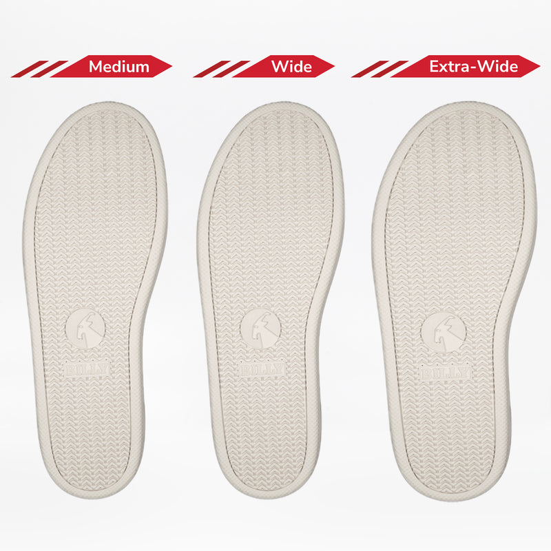 Three white soles labeled Medium, Wide, and Extra-Wide from BILLY Footwear display width differences and a textured pattern with logo—ideal for pairing with your Women's White/Black BILLY CS Low sneakers.