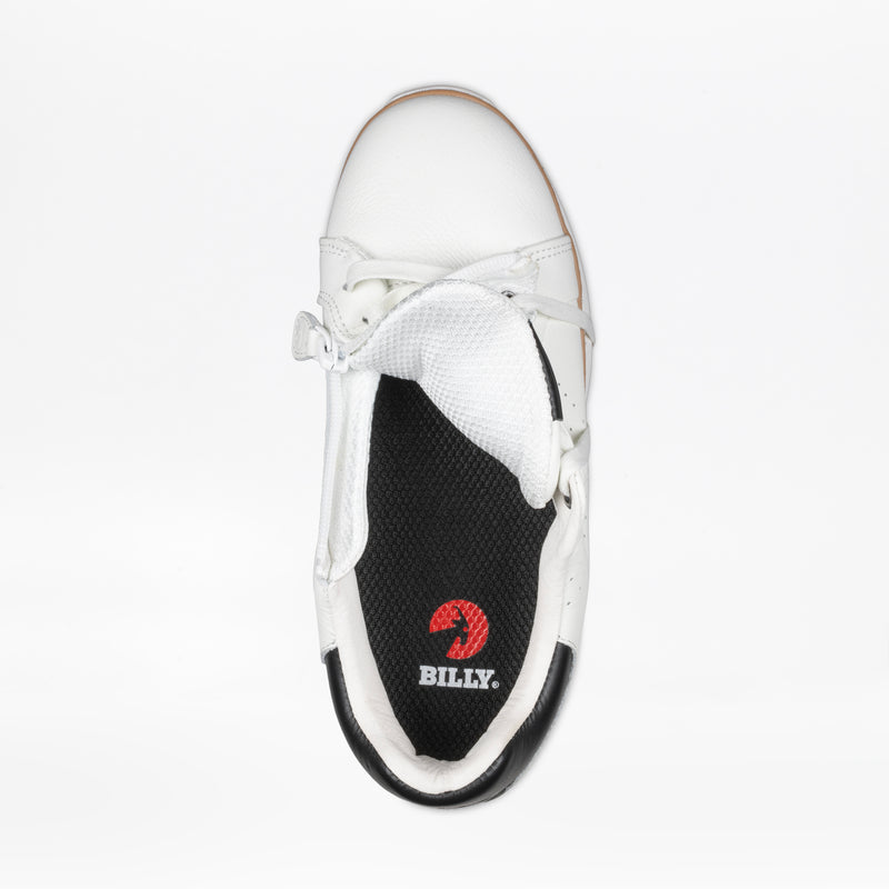 A top view of the Women's White Leather BILLY Comfort Luxe shoe by BILLY Footwear shows its tongue pulled down to reveal a black insole with a red BILLY logo, white laces, and a black heel accent.