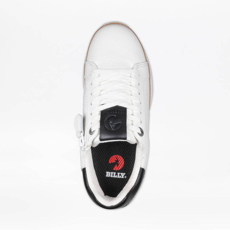 Top view of the Women's White Leather BILLY Comfort Luxe from BILLY Footwear, featuring white laces, black tongue and heel accents, a white 'BILLY' insole, and a side zipper for easy-access and sensory-friendly comfort.