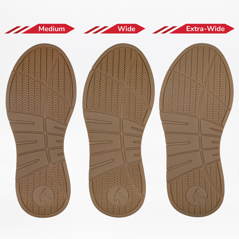 Three brown shoe soles labeled “Medium,” “Wide,” and “Extra-Wide” show the width options for the Women’s White Leather BILLY Comfort Luxe by BILLY Footwear, with identical tread patterns highlighting fit variety.