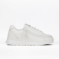 The Women's White Leather BILLY Comfort Plush by BILLY Footwear features laces, a wraparound zipper, plush comfort, a thick textured sole, and minimal stitching for a modern look. Shown in profile on a plain white background.