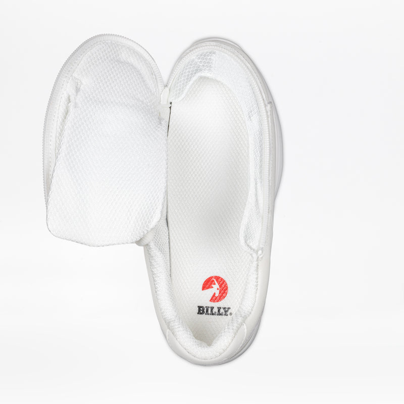 The Women's White Leather BILLY Comfort Plush from BILLY Footwear features a wraparound zipper for easy access and showcases the red BILLY logo on the insole, combining adaptive design with comfort plush technology.