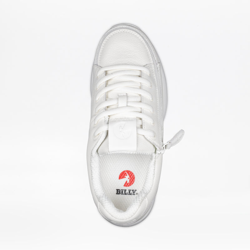 Top view of the Women's White Leather BILLY Comfort Plush by BILLY Footwear, featuring a wraparound zipper, white laces, and a red BILLY logo on the insole, displayed on a plain white background.