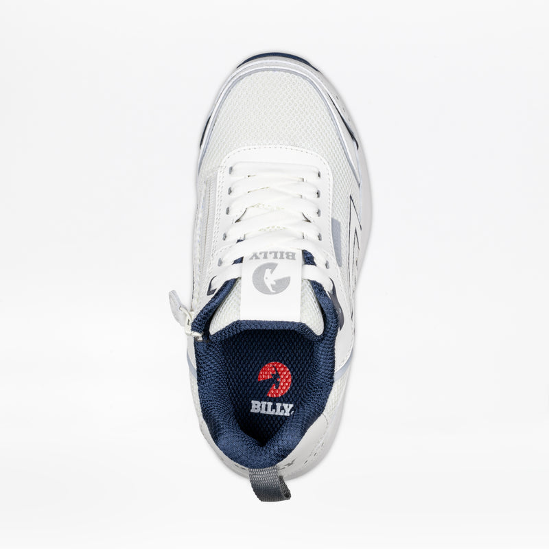 Top view of the Women's White/Navy BILLY Limitless 253 by BILLY Footwear, featuring a white exterior, blue inner lining, "BILLY" on the tongue and insole, white laces, heel loop, and a sensory-friendly easy-on/easy-off design.