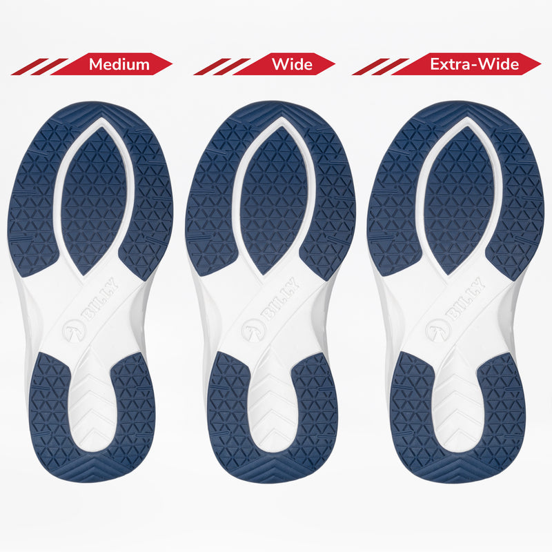 Three Women's White/Navy BILLY Limitless 253 shoe soles from BILLY Footwear are shown side by side—Medium, Wide, and Extra-Wide—highlighting increasing width and size. Each blue and white sole features a similar tread pattern.