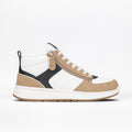 The Women's White/Tan/Black BILLY Comfort DZ High by BILLY Footwear features a white upper, beige suede trim, black accents, double side zippers, white laces, and a beige and white rubber sole—shown on a plain white background.