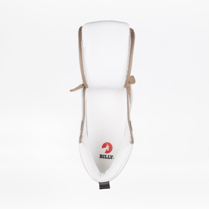 The Women's White/Tan/Black BILLY Comfort DZ High by BILLY Footwear features a wide opening, brown double side zippers, and a red BILLY logo on the insole for easy access. Comfortable walking shoes shown on a white background.