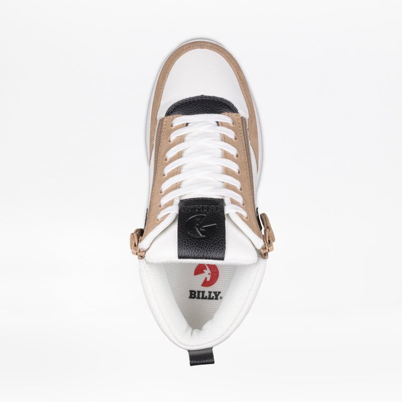 Top view of the Women's White/Tan/Black BILLY Comfort DZ High by BILLY Footwear—features a white and tan high top design, black tongue, white laces, double zippers, and red BILLY logo on the insole for comfortable walking.