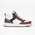The BILLY Footwear Women's Comfort DZ High is a stylish high top sneaker in Wine, featuring white laces, double side zippers, and maroon and white accents, shown on a plain white background.