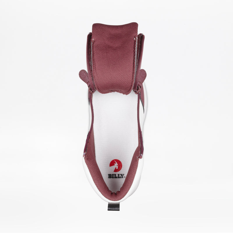 A single Women's White/Wine/Black BILLY Comfort DZ High sneaker by BILLY Footwear is seen from above, its tongue and sides open to reveal the interior and a white insole with a red BILLY Footwear logo.