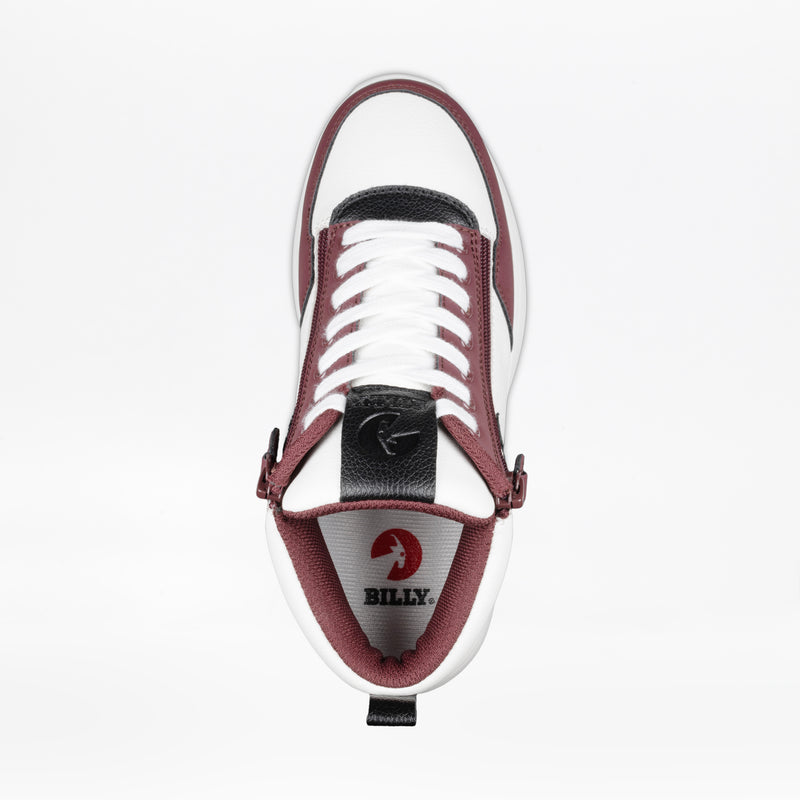 A top view of the Women's White/Wine/Black BILLY Comfort DZ High by BILLY Footwear, a high top sneaker with maroon and black accents, double side zippers, and a circular BILLY logo on the insole. The comfortable shoe is isolated on white.