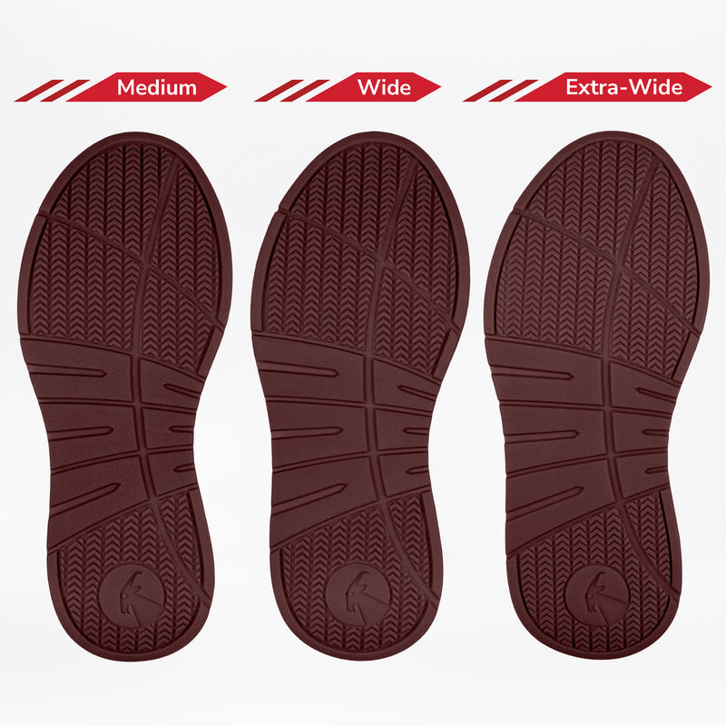 Three brown insoles in Medium, Wide, and Extra-Wide widths show similar treads, perfect for BILLY Footwear's Women's White/Wine/Black Comfort DZ High double-zipper sneakers.