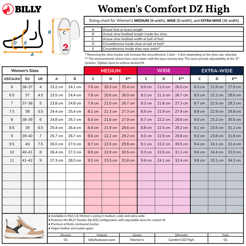 The sizing chart for Women's White/Tan/Black BILLY Comfort DZ High by BILLY Footwear shows US/CA/AU, UK, and EU sizes with foot measurements for medium, wide, and extra-wide widths. Includes diagram and tips on measuring foot size.