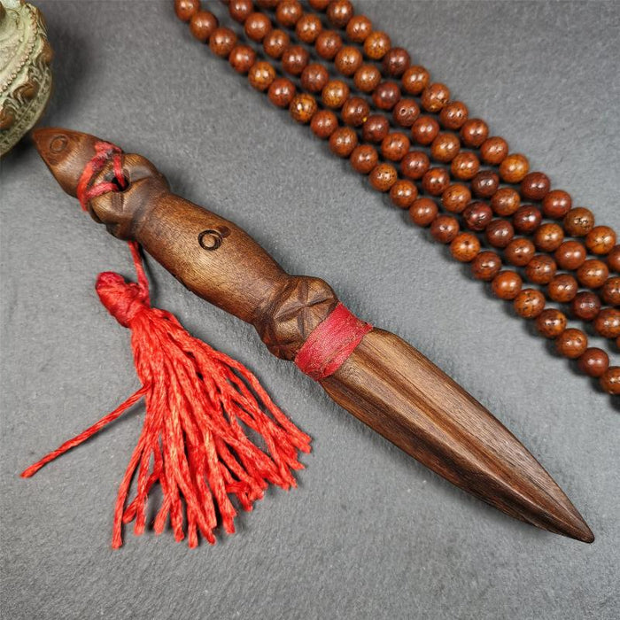 Wooden Phurba - 6.7" - Tibetan Buddhist art, detailed view