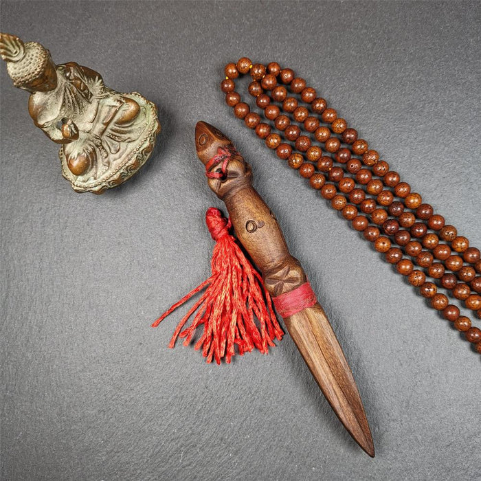 Wooden Phurba - 6.7" - Tibetan Buddhist art, close-up detail