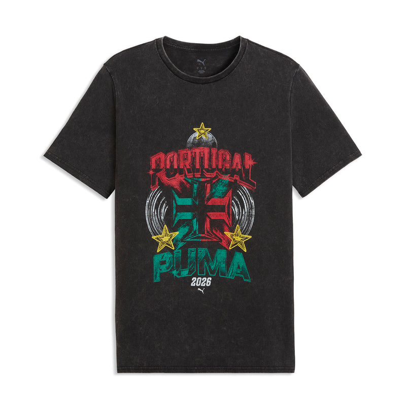Mens dark heather charcoal tee with large front graphic print and crew neckline