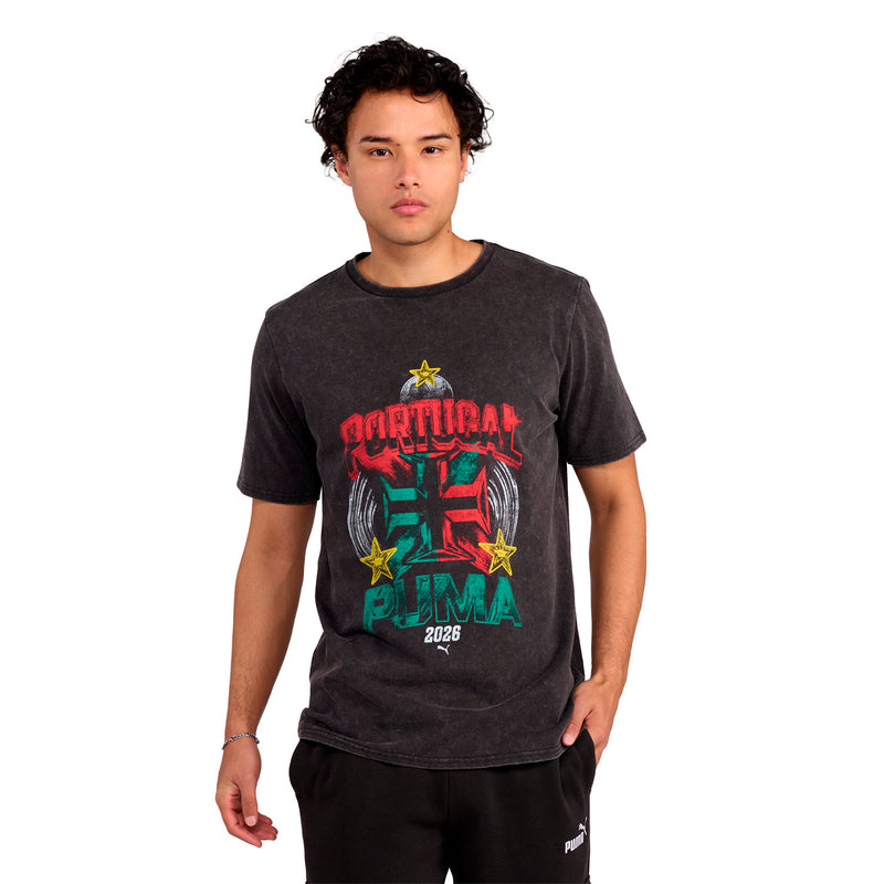 Mens dark heather charcoal crewneck tee with multicolor front Portugal-inspired graphic