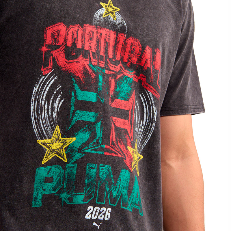 Close-up of dark heather charcoal tee front graphic with stars and multicolor text