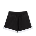 Womens black woven shorts with elastic waistband and white hem trim