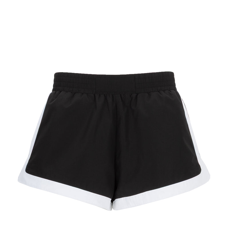 Womens black woven shorts with elastic waistband and white hem trim