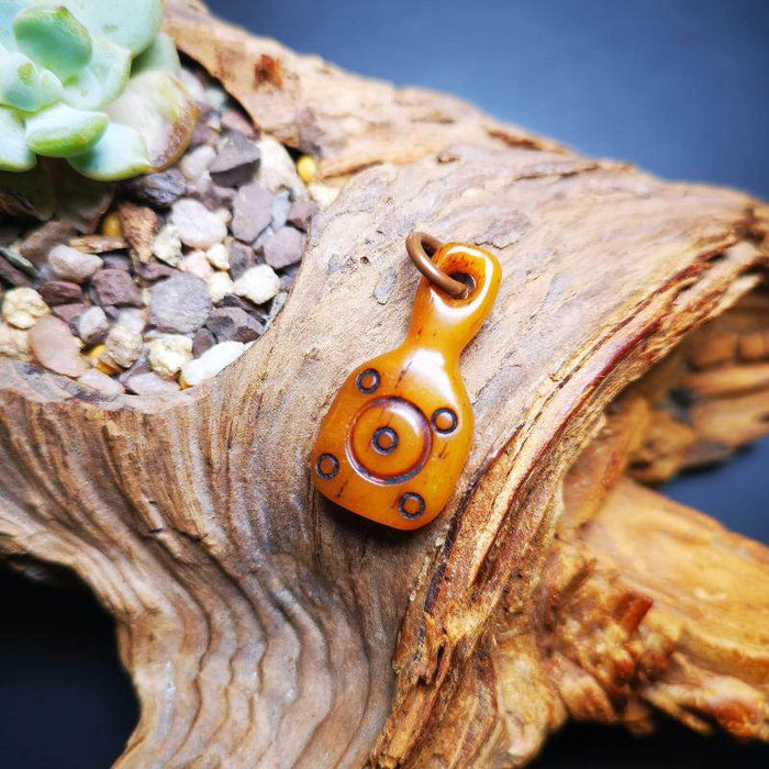 Yak Bone Amulet, Bell Shape Bead Counter Click Pendant - Tibetan Buddhist amulet, front view