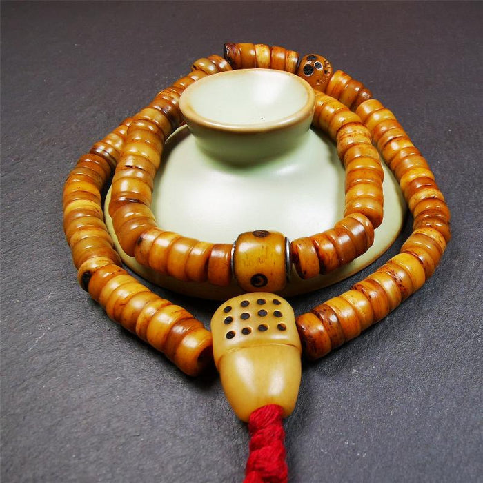 Yak Bone Mala 0.35" - Tibetan Buddhist mala beads, close-up detail