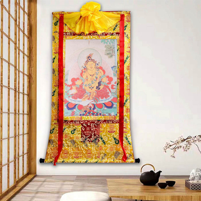Yellow Jambhala ,Woodblock Thangka Art - Tibetan thangka painting, front view