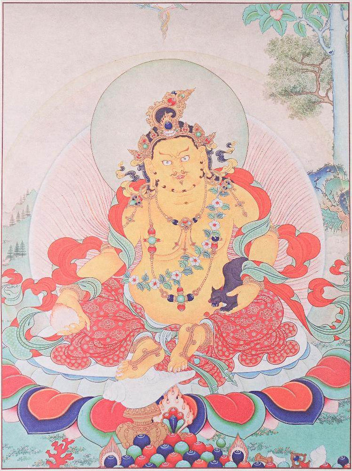 Yellow Jambhala ,Woodblock Thangka Art - Tibetan thangka painting, close-up detail