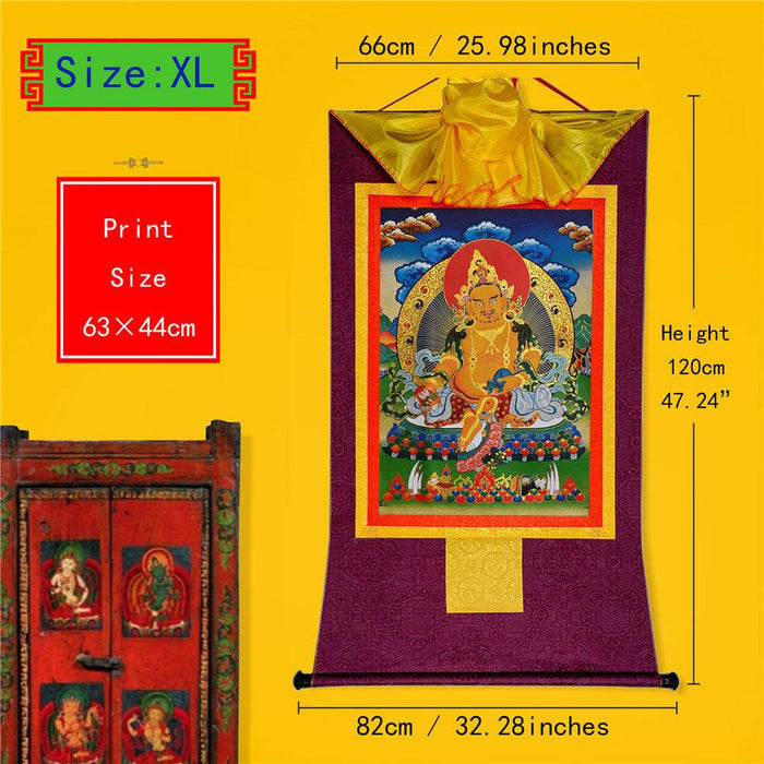 Yellow Jambhala,Dzambhala - Tibetan thangka painting, close-up detail