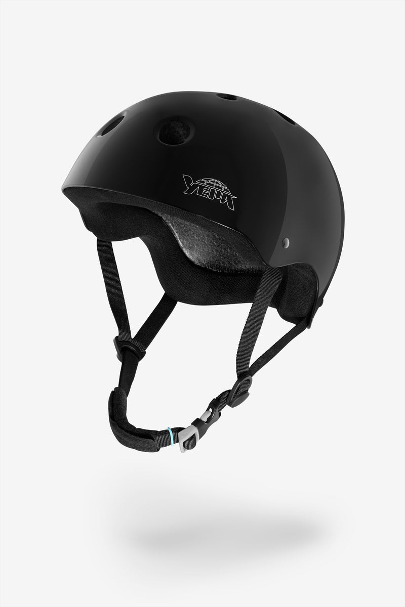 YEPA T-Shell gloss black helmet with white logo on the side and adjustable chin strap