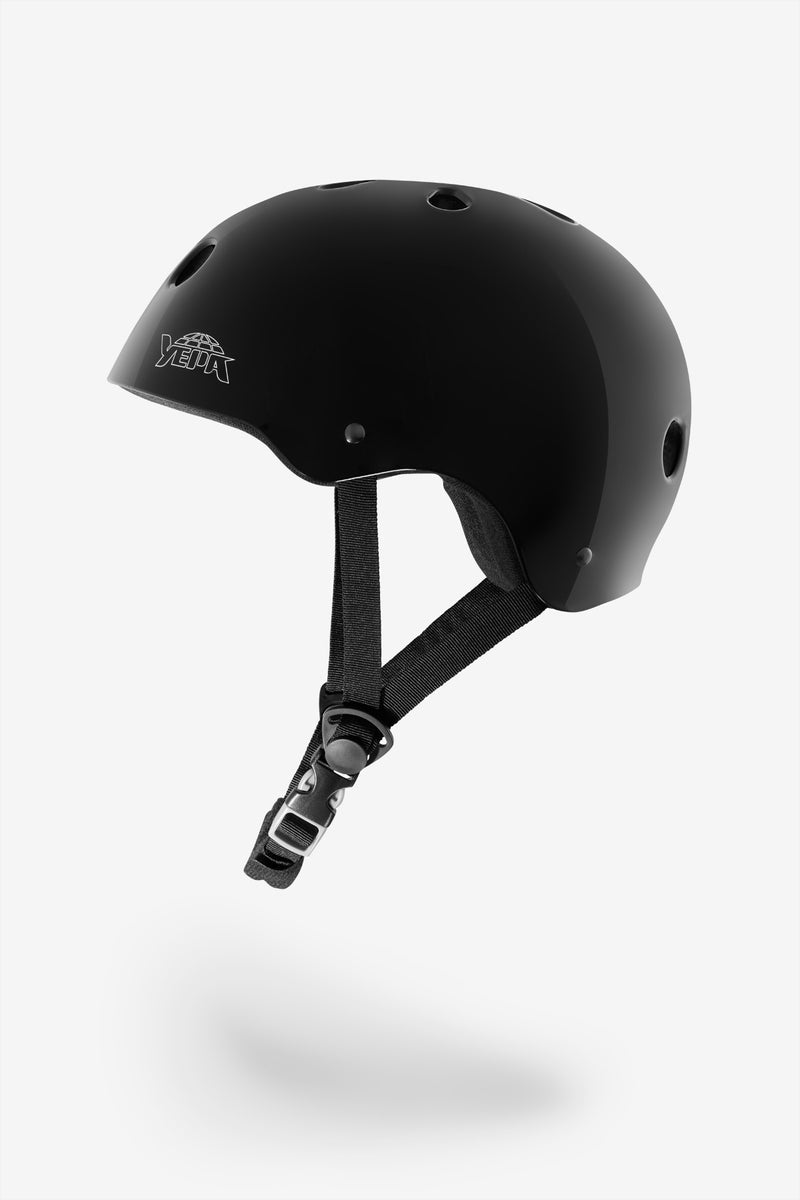 YEPA T-Shell helmet in gloss black shown in side profile with a black chin strap and buckle.