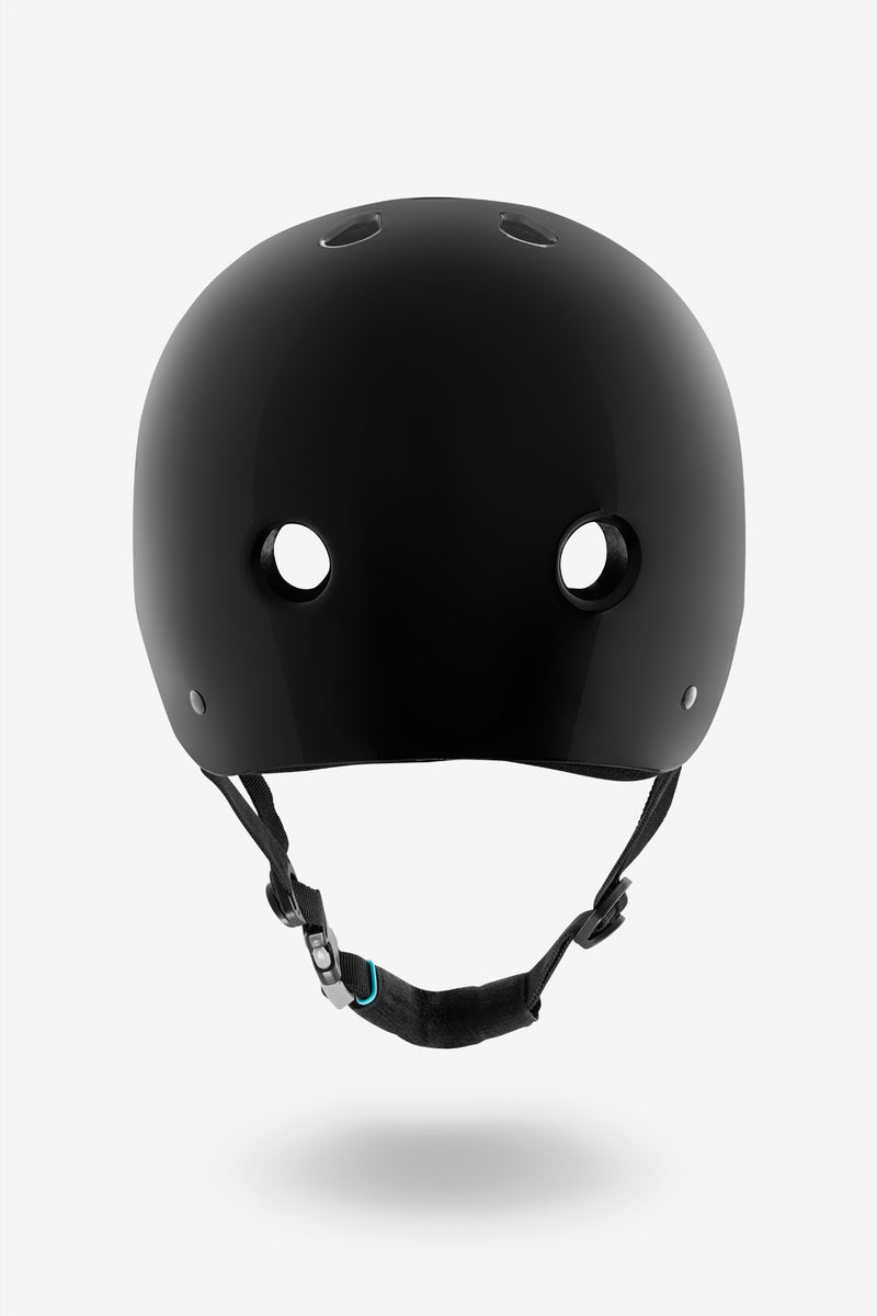 Gloss black YEPA T-Shell helmet viewed from the front with top ventilation holes and a chin strap.