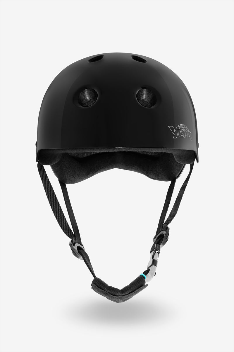 Front-right view of gloss black YEPA T-Shell helmet showing the logo on the side and teal accented chin strap.