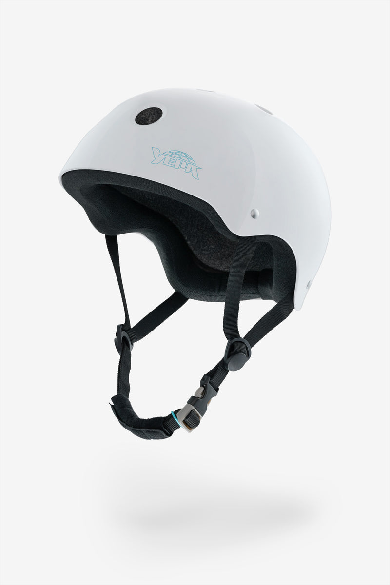 White gloss YEPA T-Shell helmet with blue logo and black interior padding plus adjustable chin strap