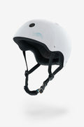 White gloss YEPA T-Shell helmet with blue logo and black interior padding plus adjustable chin strap