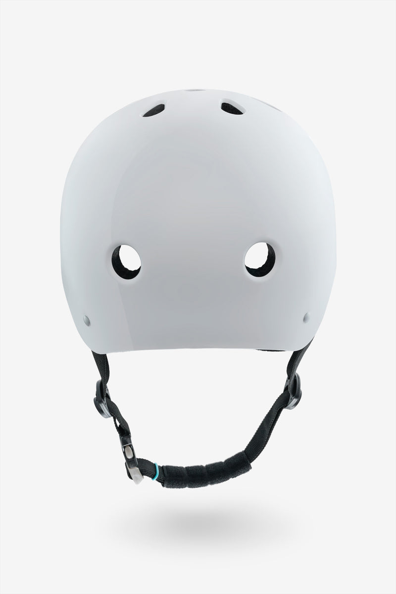 Back view of white YEPA T-Shell helmet with ventilation holes and adjustable chin strap