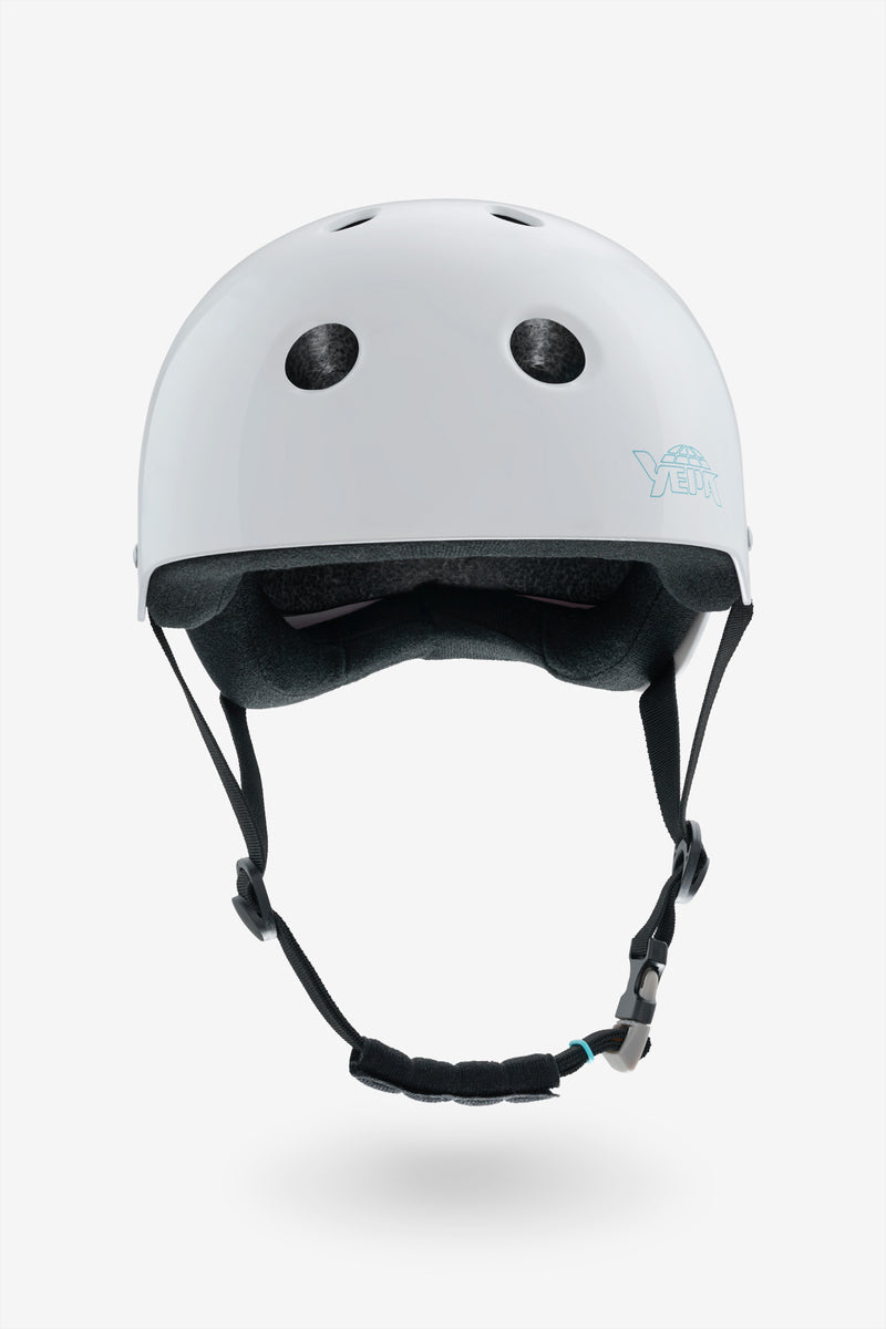 Gloss white YEPA T-Shell helmet with light blue logo on the side, showing interior padding and chin strap.