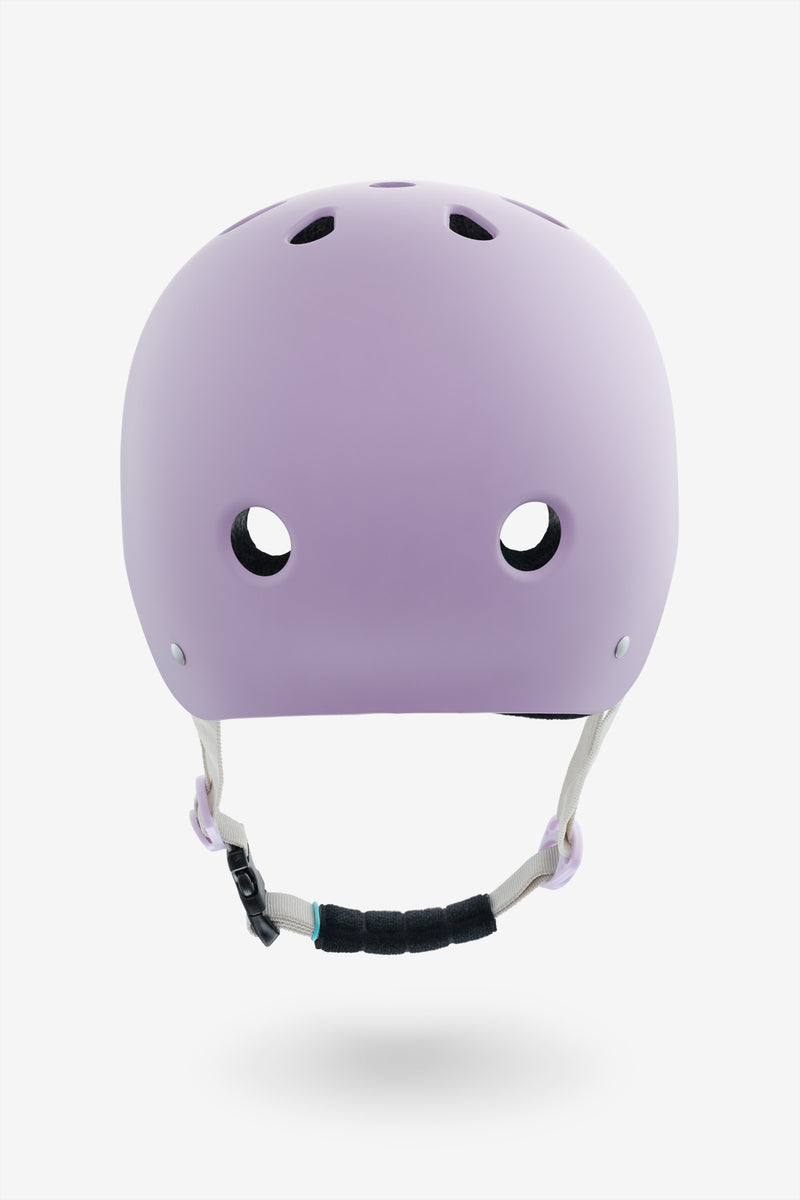 Front three-quarter view of matte dusty purple YEPA T-Shell helmet showing top vents and logo on the side