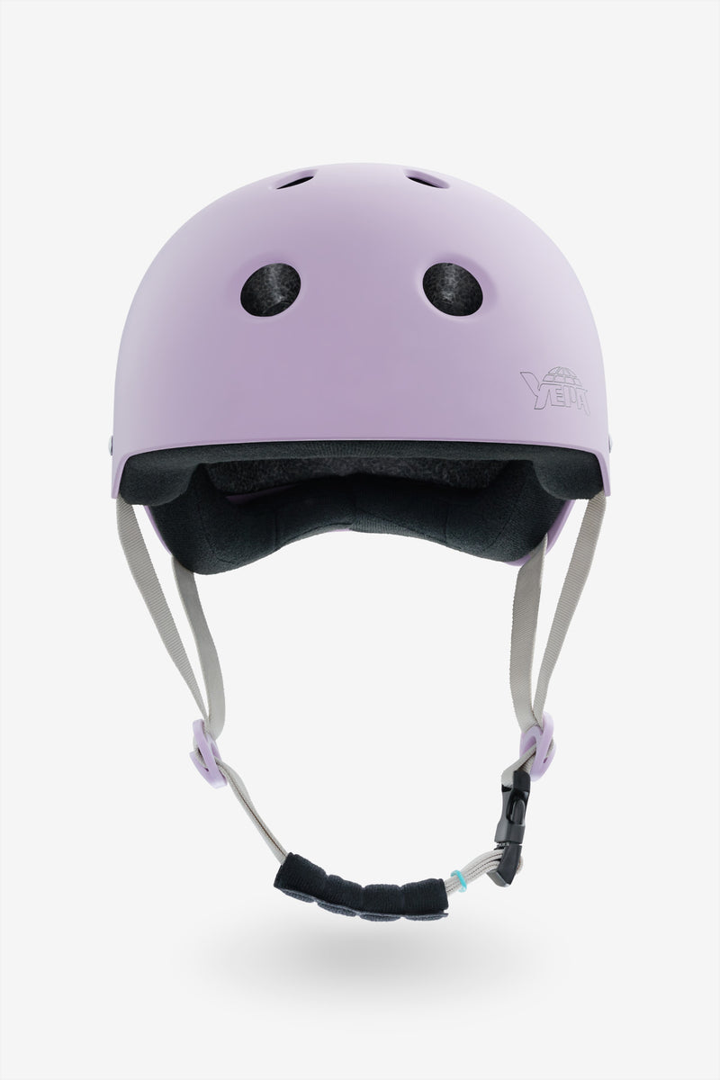 Back view of matte dusty purple YEPA T-Shell helmet with padded interior and adjustable chin strap