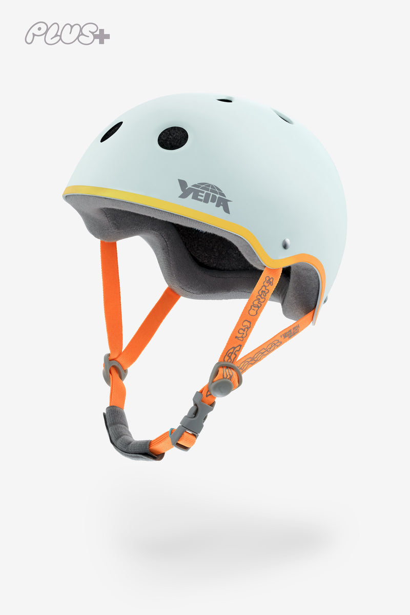Profile of light blue YEPA T-Shell Plus helmet with yellow trim and orange adjustable straps