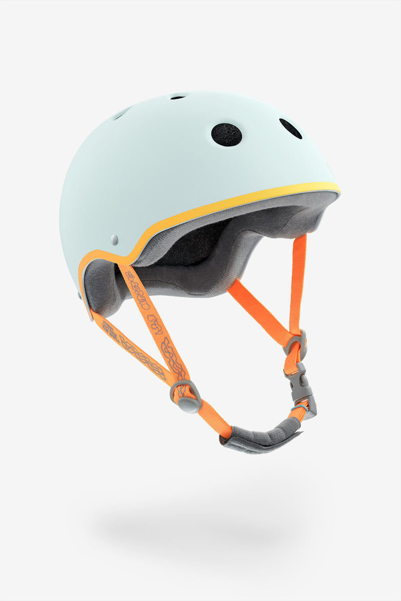 Side view of light blue YEPA T-Shell Plus helmet with neon yellow edge and orange webbing