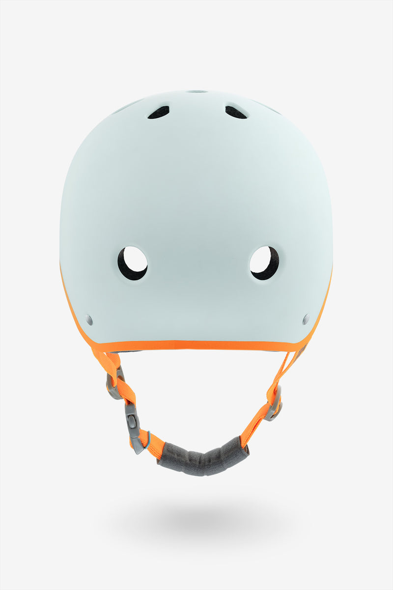 Light blue YEPA T-Shell Plus helmet with orange chin straps.