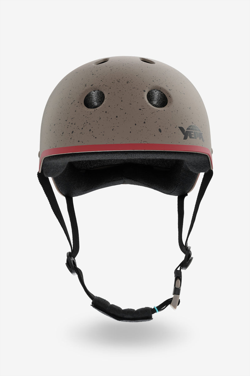 YEPA T-Shell Plus helmet in warm stone with speckled paint and red accent stripe front view