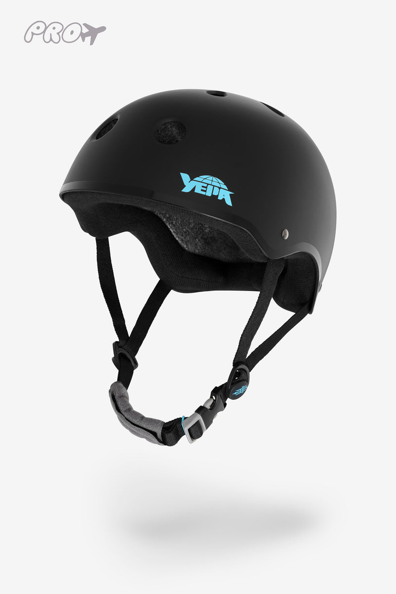 YEPA T-Shell Pro helmet in matte black with teal side logo and teal strap accents.
