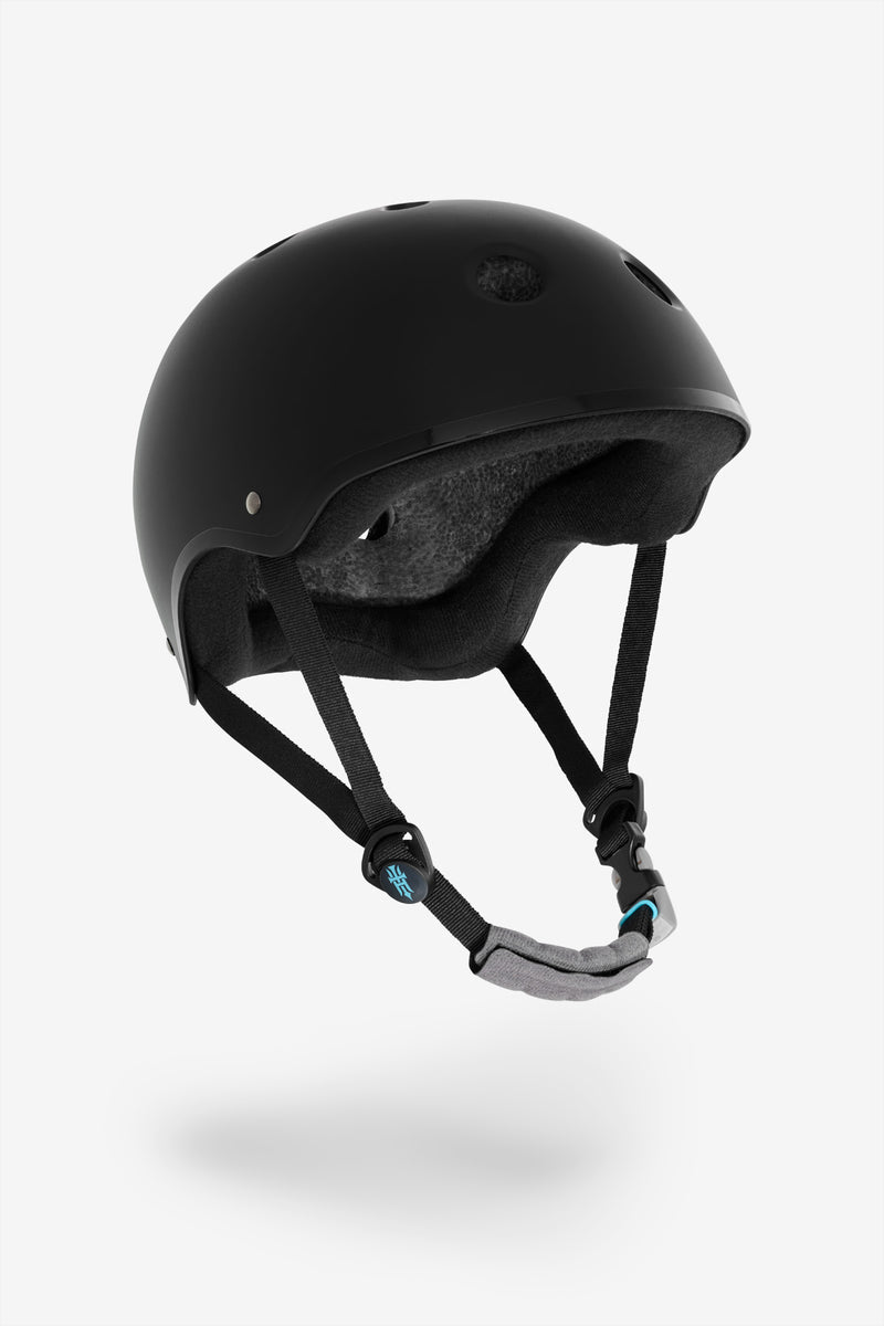 YEPA T-Shell Pro helmet Hawk in matte black with teal side logo and teal strap accents from a side view.
