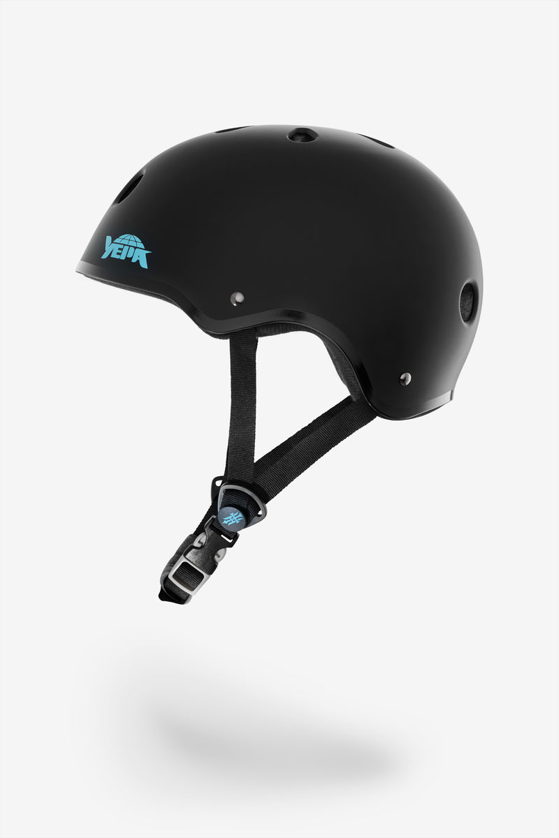 Side view of YEPA T-Shell Pro Hawk helmet in matte black with teal logo and adjustable chin strap